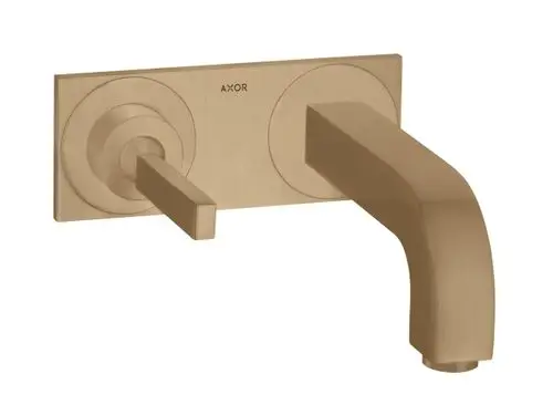 Wandmontierter AXOR-Waschtischmischer mit Unterputzinstallation, einhebeliger Bedienung und auslaufendem Wasserhahn in gebürsteter Bronze.